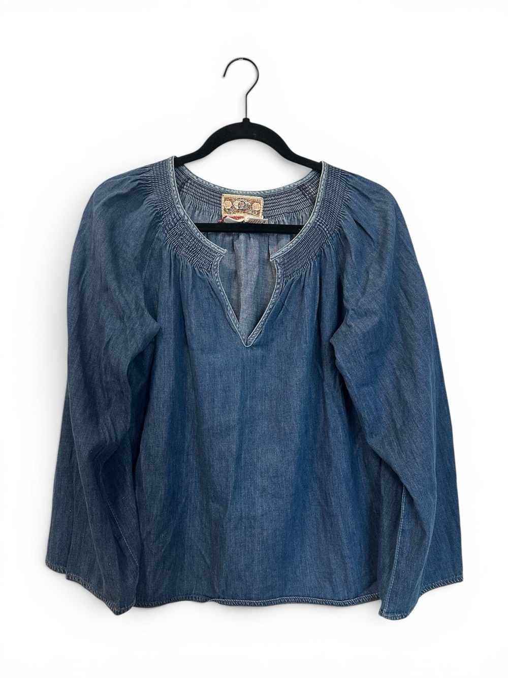 Bis Vintage American Blues Chambray Peasant Smocked Split Neck Blouse Blue SZ S